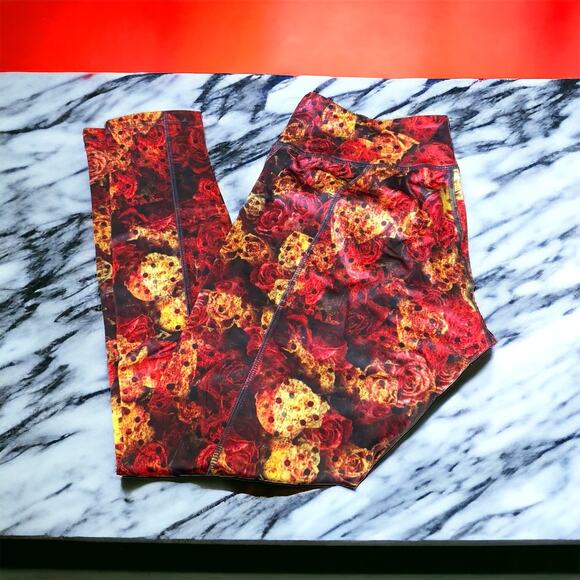 LuLaRoe Womens Leggings L Jade Athletic Capris Activewear Black Red Yellow Roses - Picture 3 of 9